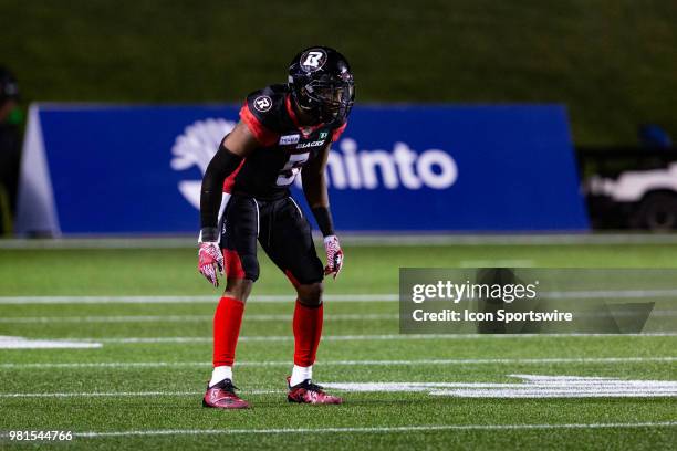 Ottawa RedBlacks defensive back Loucheiz Purifoy prepares for a snap during Canadian Football League action between Saskatchewan Roughriders and...