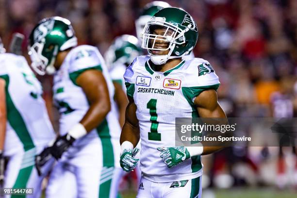 Saskatchewan Roughriders wide receiver Shaq Evans moves to this position prior to a snap during Canadian Football League action between Saskatchewan...