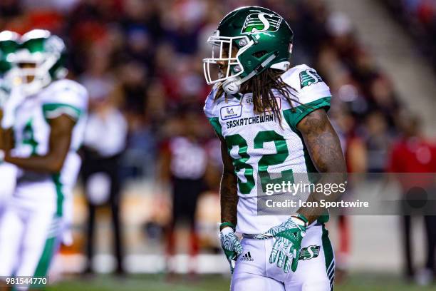 Saskatchewan Roughriders wide receiver Naaman Roosevelt prior to a snap during Canadian Football League action between Saskatchewan Roughriders and...
