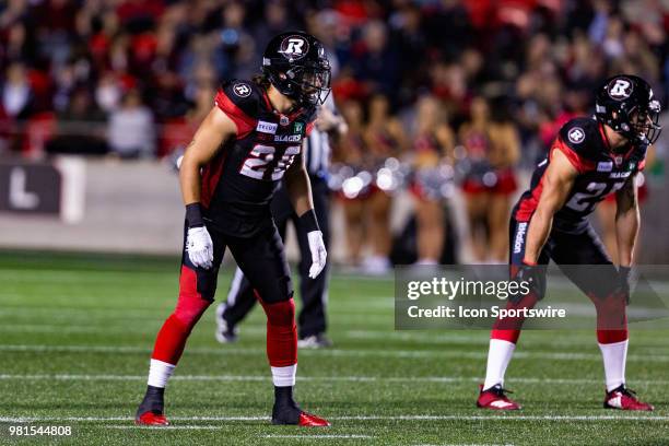 Ottawa RedBlacks defensive back Jean-Philippe Bolduc prior to the snap during Canadian Football League action between Saskatchewan Roughriders and...