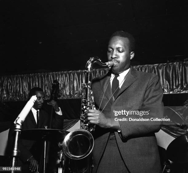 Saxophonist Hank Mobley performs onstage with with the Jazz Messengers at Birdland jazz club on April 2, 1959 in New York.