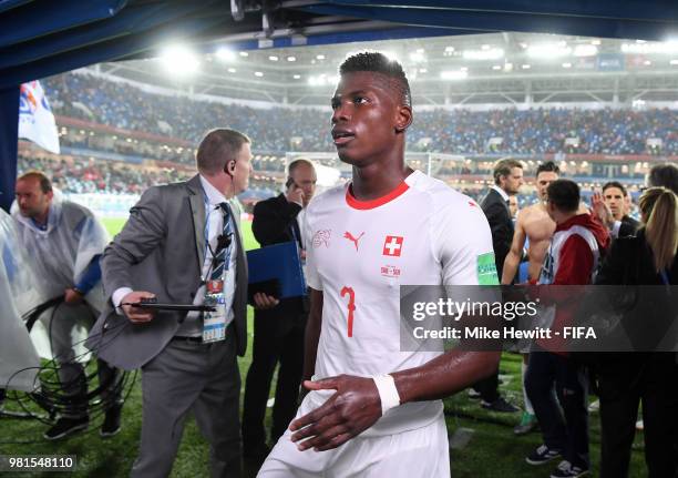 Breel Embolo of Switzerland walks back to dressing room following the 2018 FIFA World Cup Russia group E match between Serbia and Switzerland at...