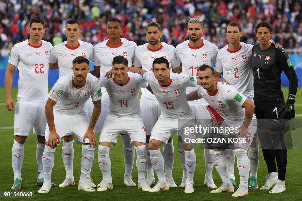 Switzerland's defender Fabian Schaer, midfielder Granit Xhaka, defender Manuel Akanji, defender Ricardo Rodriguez, midfielder Valon Behrami, defender...