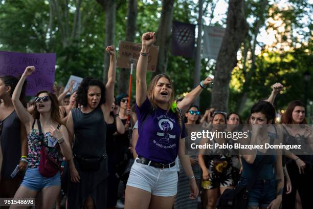 Protesters demonstrate against the release of the 'La Manada' gang members on June 22, 2018 in Madrid, Spain. The High Court of Navarra has ordered...