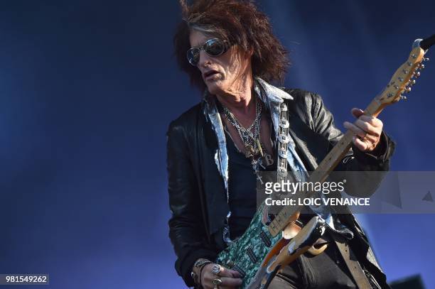 Guitar player Joe Perry performs with The Hollywood Vampires band as part of the Hellfest metal music festival in Clisson, western France on June 22,...