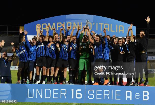 Team of FC Internazionale celebrate the victory after the U16 Serie A and B Final match between FC Internazionale and Juventus FC at Stadio Bruno...