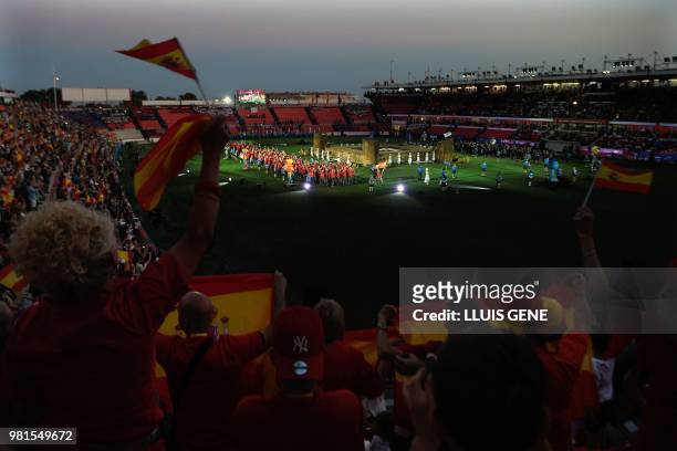 Athletes of the Spanish national team take part in the opening ceremony of the XVIII Mediterranean Games in Tarragona, on June 22, 2018.