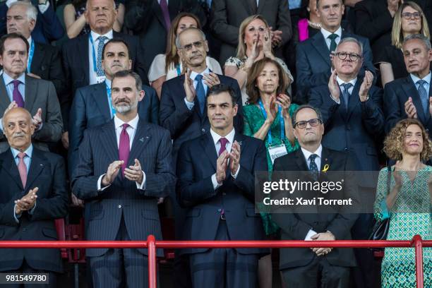 King Felipe VI of Spain, President of Spain Pedro Sanchez and President of Catalonia Quim Torra attend the opening of XVIII Mediterranean Games...