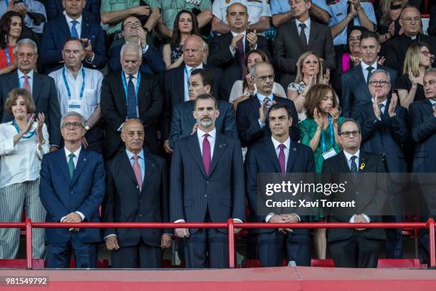 King Felipe VI of Spain, President of Spain Pedro Sanchez and President of Catalonia Quim Torra attend the opening of XVIII Mediterranean Games...