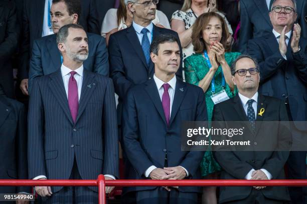King Felipe VI of Spain, President of Spain Pedro Sanchez and President of Catalonia Quim Torra attend the opening of XVIII Mediterranean Games...