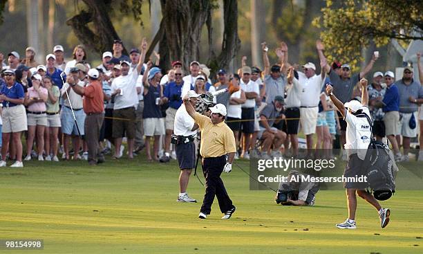 Craig Parry of Australia tosses his club and dances to end the final round of the PGA Tour Ford Championship at Doral in Miami, Florida March 7,...