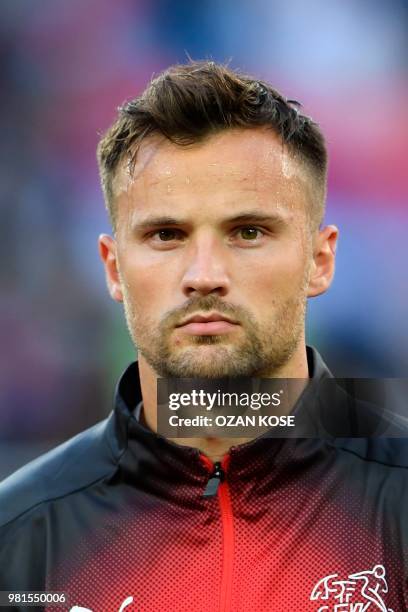 Switzerland's forward Haris Seferovic poses for a photo before their Russia 2018 World Cup Group E football match between Serbia and Switzerland at...