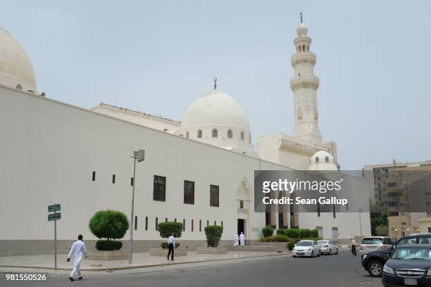 Men arrive for Friday, midday prayers at the King Saud mosque on June 22, 2018 in Jeddah, Saudi Arabia. The Saudi government, under Crown Prince...