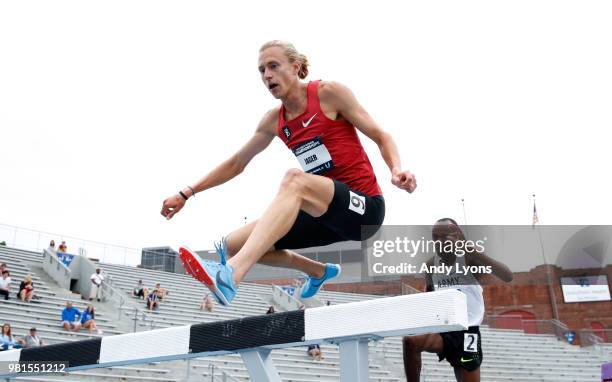 Evan Jager competes in the Mens 3,000 Meter Steeplechase during day 2 of the 2018 USATF Outdoor Championships at Drake Stadium on June 22, 2018 in...