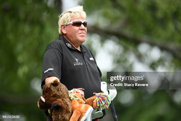 John Daly waits to hit on the second tee box during the first round of the American Family Insurance Championship at University Ridge Golf Course on...