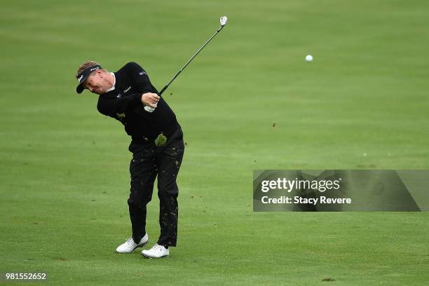 Paul Broadhurst of England hits his second shot on the 18th hole during the first round of the American Family Insurance Championship at University...