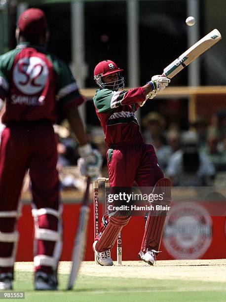 Daren Ganga of West Indies miscues a pull shot during his innings of 22 against Zimbabwe during the Carlton Series One Day International between West...