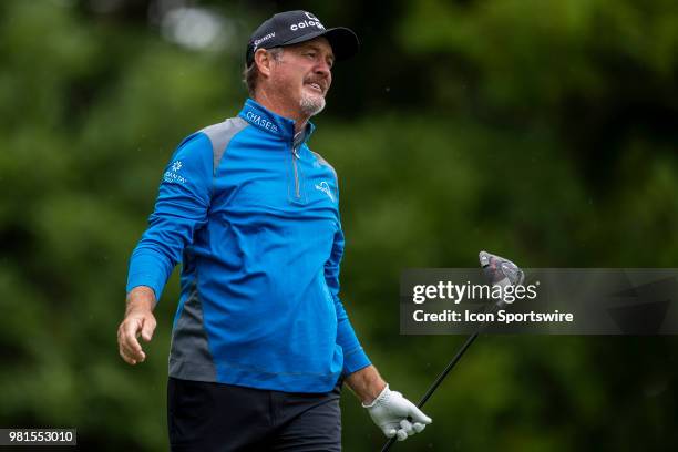 Jerry Kelly reacts after hitting a bad tee shot on the 2nd hole during American Family Insurance Championship on June 22nd, 2018 at the University...