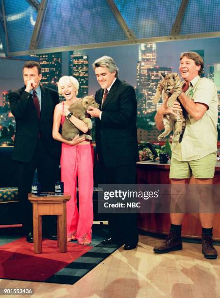 Episode 1608 -- Pictured: Comedian Paul Reiser, musical guest Bijou Phillips, and wildlife expert Steve Irwin pose with host Jay Leno for a picture...