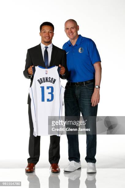 Draft Pick Jalen Brunson poses for a portrait with Head Coach Rick Carlisle at the Post NBA Draft press conference on June 22, 2018 at the American...