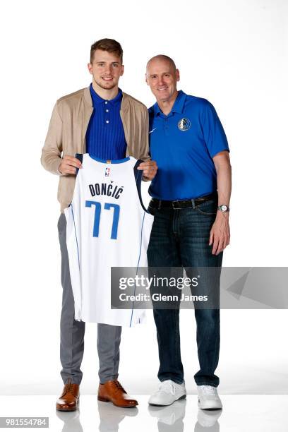 Draft Pick Luka Doncic poses for a portrait with Head Coach Rick Carlisle at the Post NBA Draft press conference on June 22, 2018 at the American...