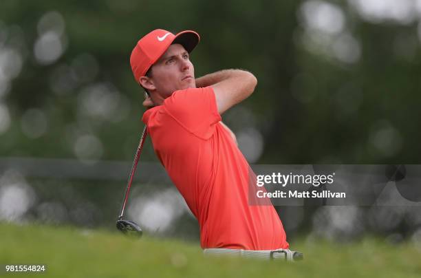 Russell Henley watches his tee shot on the 17th hole during the second round of the Travelers Championship at TPC River Highlands on June 22, 2018 in...