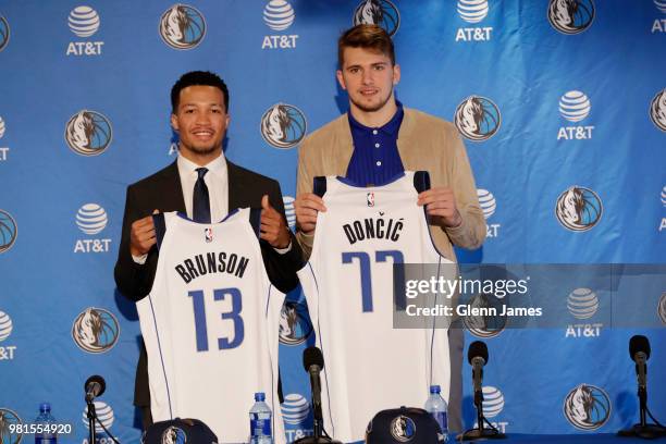 Draft Picks Jalen Brunson and Luka Doncic pose for a photo at the Post NBA Draft press conference on June 22, 2018 at the American Airlines Center in...