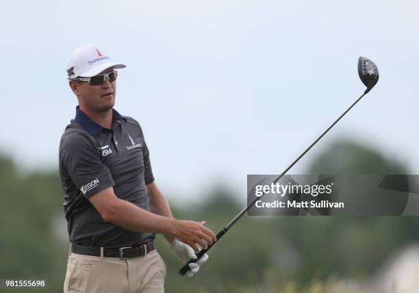 Zach Johnson watches his tee shot on the third hole during the second round of the Travelers Championship at TPC River Highlands on June 22, 2018 in...