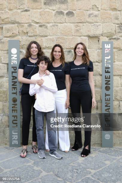 Sara Tazares, Alessandro Tazares, Anne de Carbuccia and Julia Tazares attend One Planet One Future Cocktail Party on June 22, 2018 in Naples, Italy.
