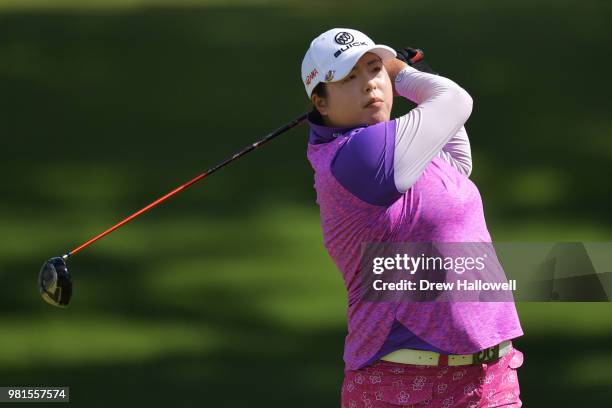 Shanshan Feng of China plays her tee shot on the fifth hole during the first round of the Walmart NW Arkansas Championship Presented by P&G at...