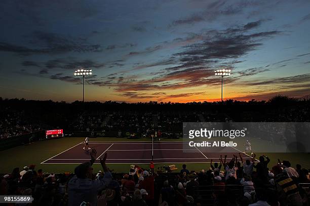 Fernando Verdasco of Spain reacts after defeating Marin Cilic of Croatia during day eight of the 2010 Sony Ericsson Open at Crandon Park Tennis...