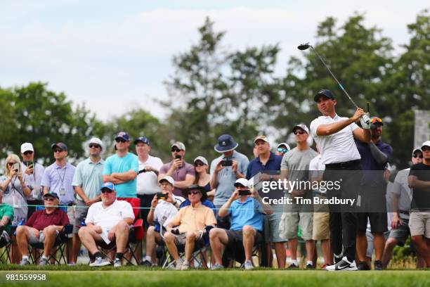 Jason Day of Australia watches his tee shot on the sixth hole during the second round of the Travelers Championship at TPC River Highlands on June...