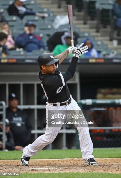 Leury Garcia of the Chicago White Sox singles in the 5th inning against the Oakland Athletics at Guaranteed Rate Field on June 22, 2018 in Chicago,...