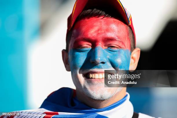 Fan of Serbia in action before the 2018 FIFA World Cup Russia group E match between Serbia and Switzerland at the Kaliningrad Stadium in Kaliningrad,...