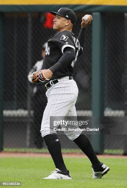 Avisail Garcia of the Chicago White Sox throws to the infield in the 6th inning against the Oakland Athletics at Guaranteed Rate Field on June 22,...