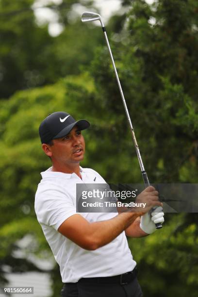 Jason Day of Australia plays his shot from the seventh tee during the second round of the Travelers Championship at TPC River Highlands on June 22,...
