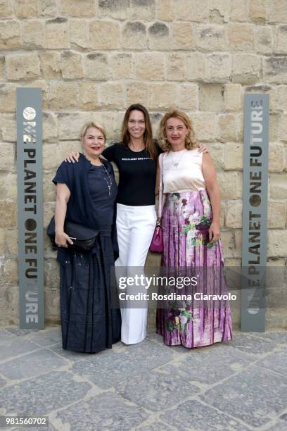 Daniela Fedi, Anne de Carbuccia and Anna Pascucci attend One Planet One Future Cocktail Party on June 22, 2018 in Naples, Italy.