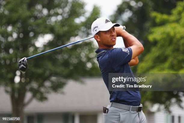 Xander Schauffele plays his shot from the seventh tee during the second round of the Travelers Championship at TPC River Highlands on June 22, 2018...