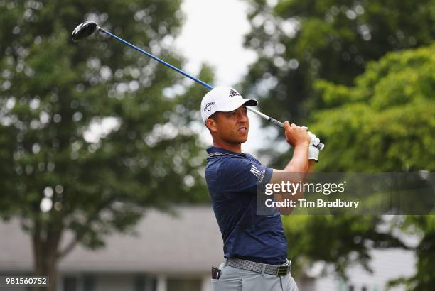 Xander Schauffele plays his shot from the seventh tee during the second round of the Travelers Championship at TPC River Highlands on June 22, 2018...