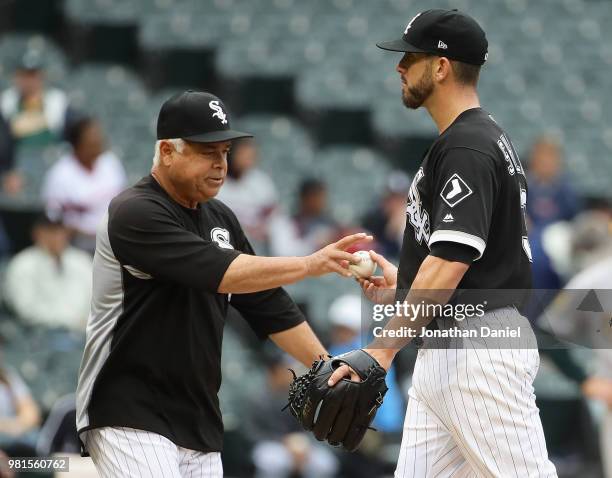 Manager Rick Renteria of the Chicago White Sox takes starting pitcher James Shields out of the game in the 5th inning against the Oakland Athletics...