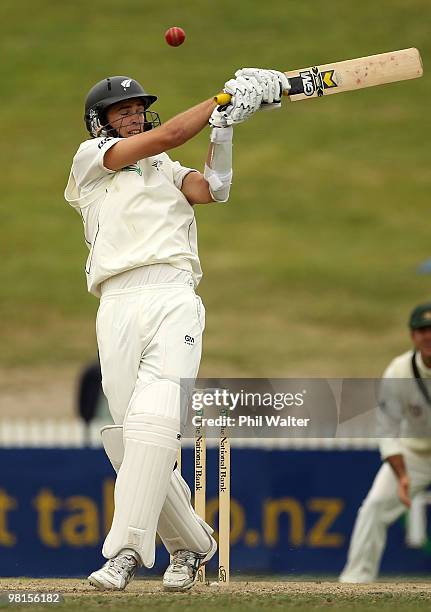 Tim Southee of New Zealand bats during day five of the Second Test match between New Zealand and Australia at Seddon Park on March 31, 2010 in...