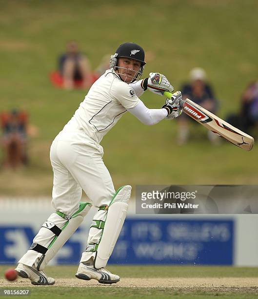 Brendon McCullum of New Zealand bats during day five of the Second Test match between New Zealand and Australia at Seddon Park on March 31, 2010 in...