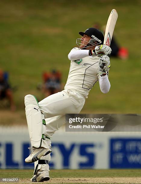 Brendon McCullum of New Zealand bats during day five of the Second Test match between New Zealand and Australia at Seddon Park on March 31, 2010 in...