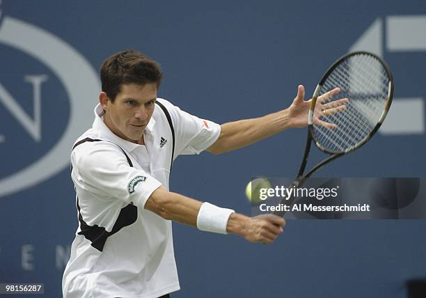 Tim Henman loses to top-ranked Roger Federer, 6-3, 6-4, 6-4, in a semi final, men's singles match September 11, 2004 at the 2004 US Open in New York.