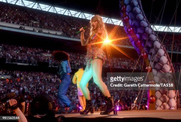 Taylor Swift performs on stage during the reputation Stadium Tour at Wembley Stadium on June 22, 2018 in London, England.