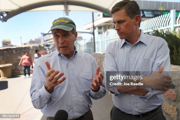 Senators Martin Heinrich , Tom Udall speak to the media after visiting the Paseo del Norte Port of Entry bridge on June 22, 2018 in El Paso, Texas....