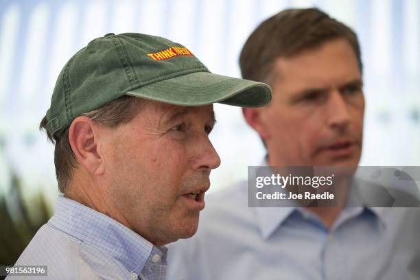 Senators Tom Udall and Martin Heinrich speak to the media after visiting the Paseo del Norte Port of Entry bridge on June 22, 2018 in El Paso, Texas....