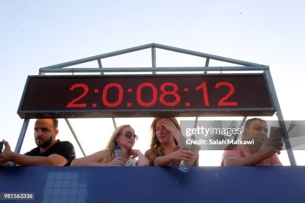 Timer displays elapsed tmie as Adnan Nassrat returns from a successful 48-hour long dive on June 22, 2018 in Aqaba, Jordan. Hassnat seeks to break...