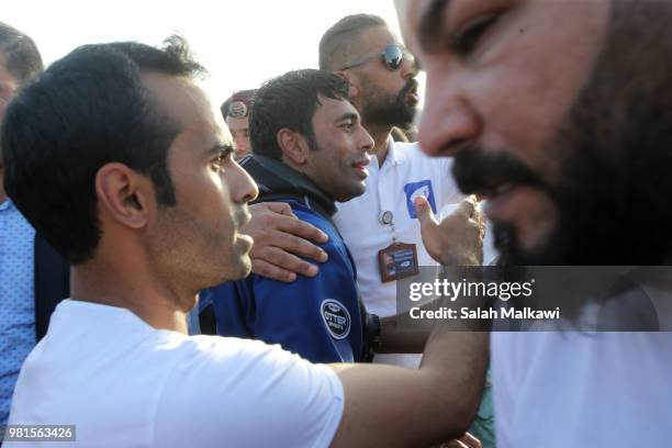 Adnan Nassrat returns from a successful 48-hour long dive on June 22, 2018 in Aqaba, Jordan. Hassnat seeks to break the Guinness World Record of six...