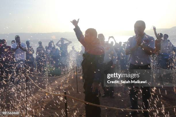 Adnan Nassrat returns from a successful 48-hour long dive on June 22, 2018 in Aqaba, Jordan. Hassnat seeks to break the Guinness World Record of six...